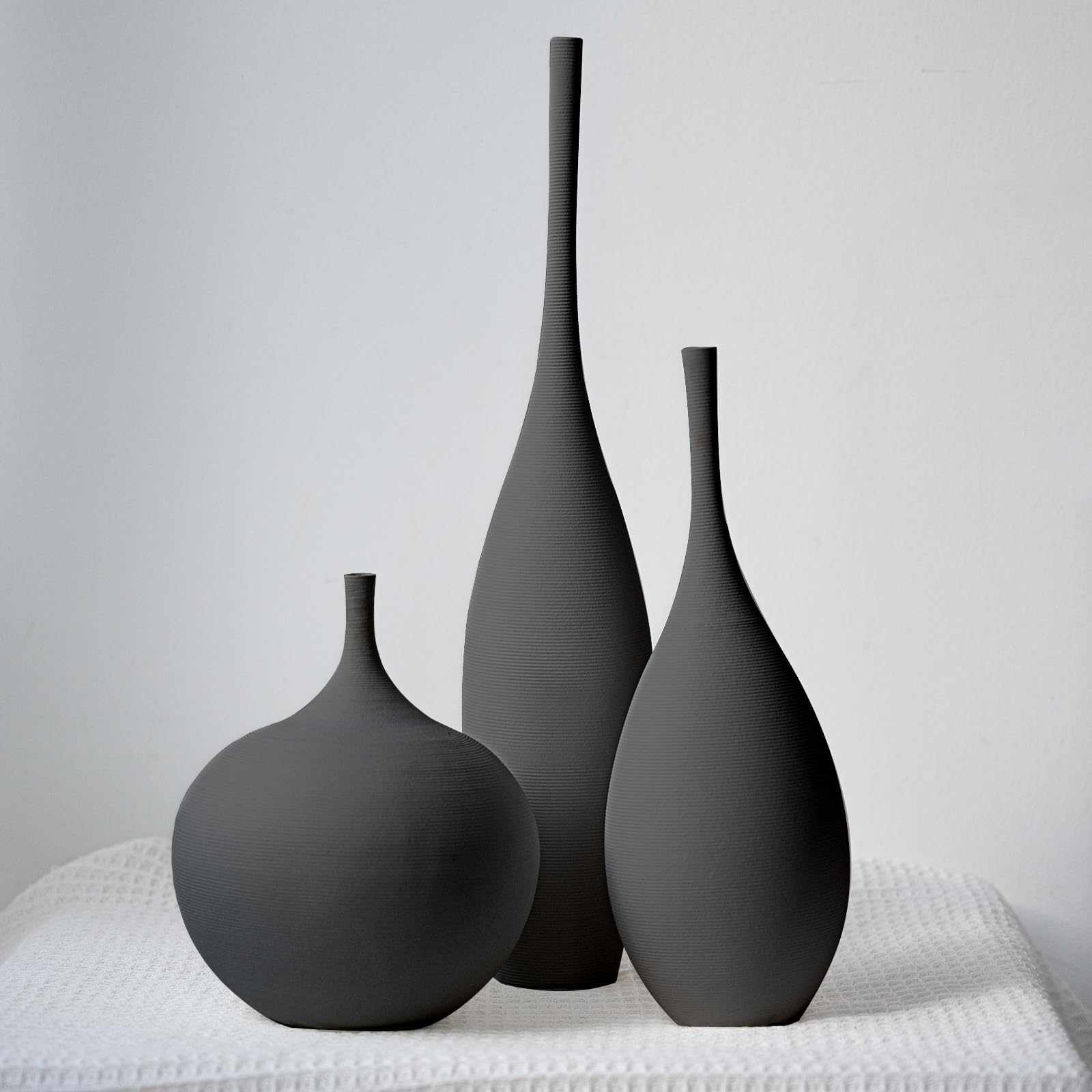 Black Ceramic Vase Set of 3 Modern Boho Wabi Sabi Matte Minimalist for Living Room Centerpieces